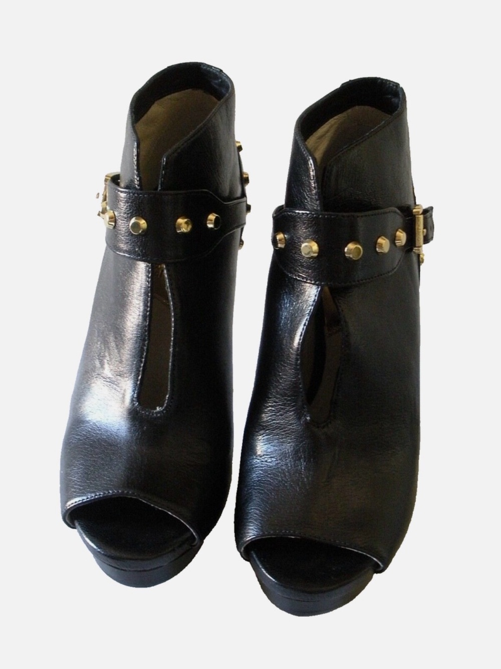 Black Leather Peep-Toe Ankle Booties with Gold Studs